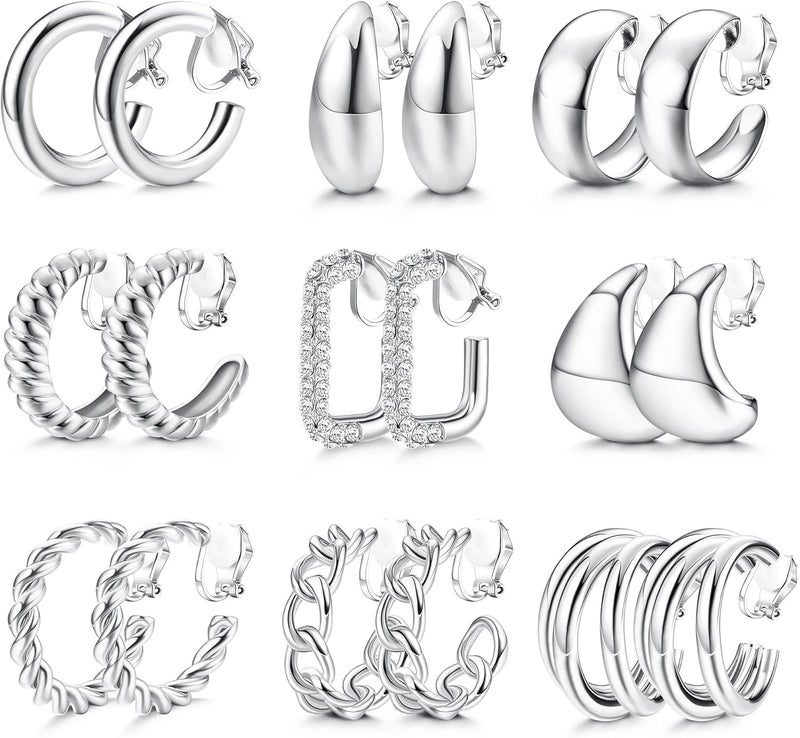 Yadoca 9 Pairs Gold Clip on Earrings for Women 14K Gold Plated Waterdrop Chunky Clip on Hoop Earrings No Piercing Fake Earrings Set - Image 1